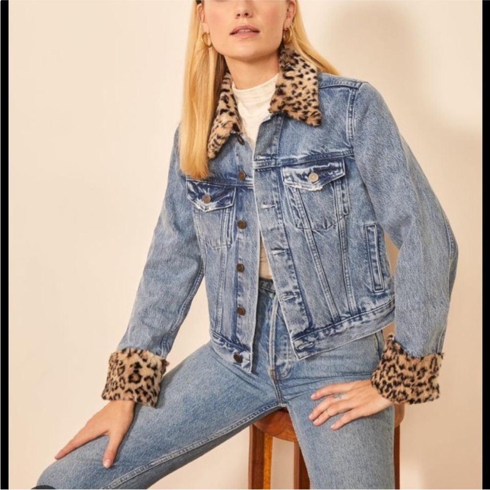 Reformation Aussie Denim Jacket with Leopard faux fur